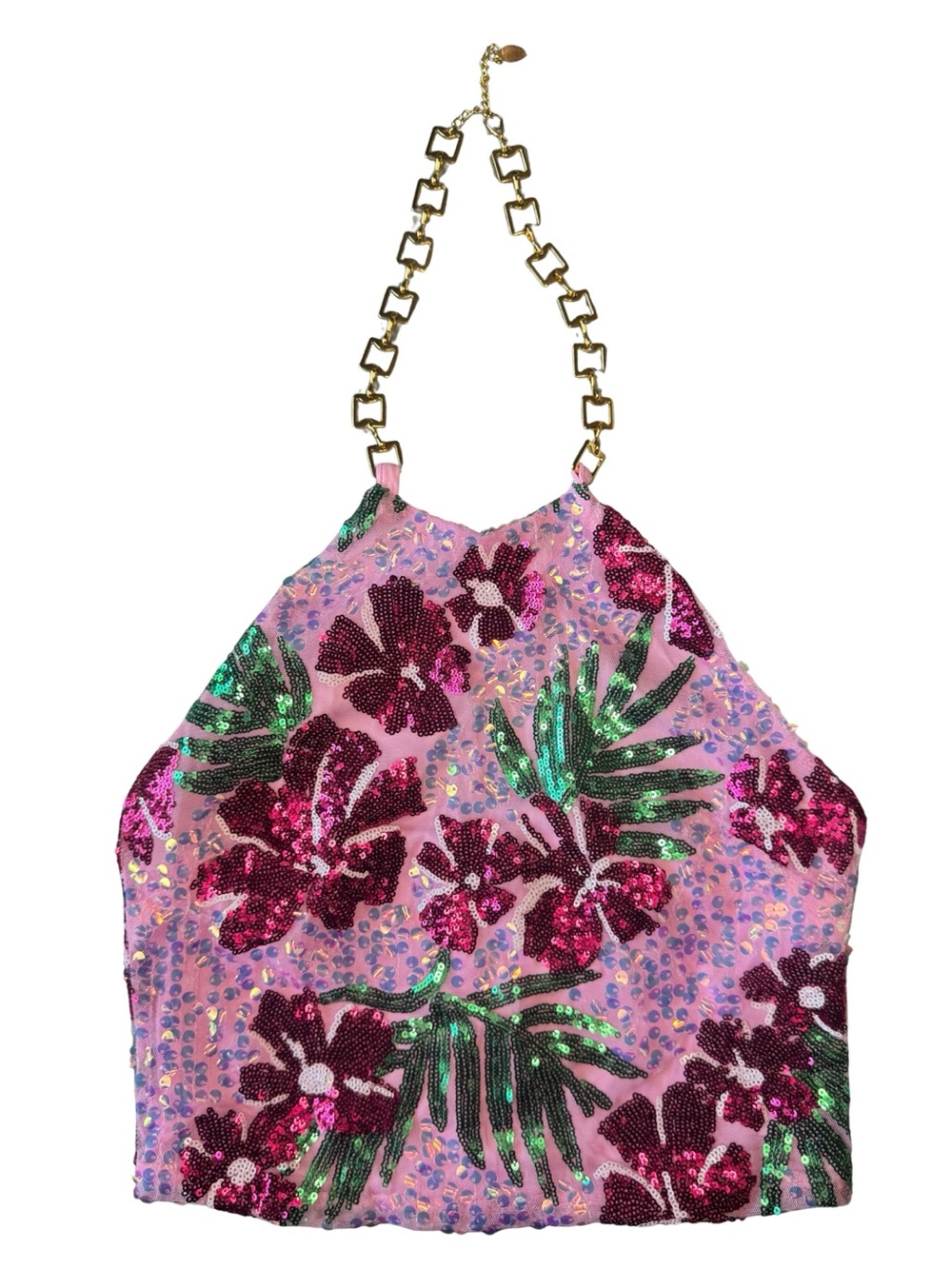 Rachel Zoe Sequin Floral Halter Top Gold Chain Strap Pink Size Small